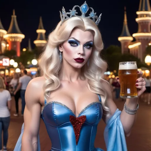 Prompt: Gorgeous ultra-muscular 25-year-old Swedish drag queen Cinderella with 8 inch stiletto high heel shoes, dark mascara, eyeshadow and dark red lipstick, standing in Disney World holding a beer and flirting with guests at night