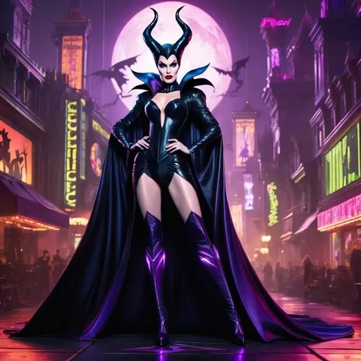 Prompt: Gorgeous muscular cyberpunk drag queen (Disney's) Maleficent, great legs, crystal high heels,  dark lipstick.