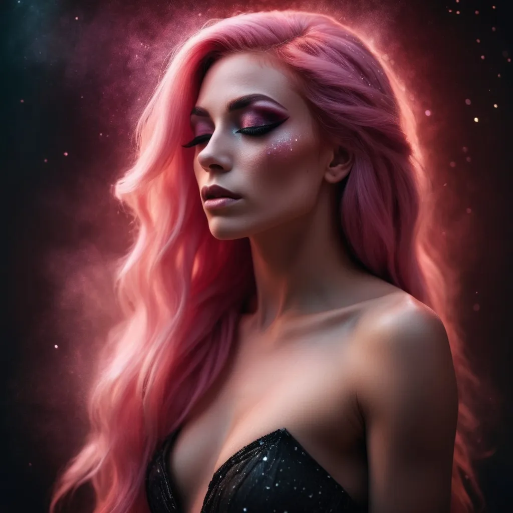 Prompt: (photorealistic painting), a gorgeous ultra-muscular 25-year-old Romanian drag queen with long pink hair, with her eyes closed, dark smokey eyeshadow and dark red ipstick, (glowing ethereal aura) behind her face and body, intricate (particles of light), inspired by Elsa Bleda's style, atmospheric and dreamy ambiance, soft and mystical lighting, high contrast between the glowing backdrop and her facial features, ultra-detailed, highly immersive, captivating and tranquil.