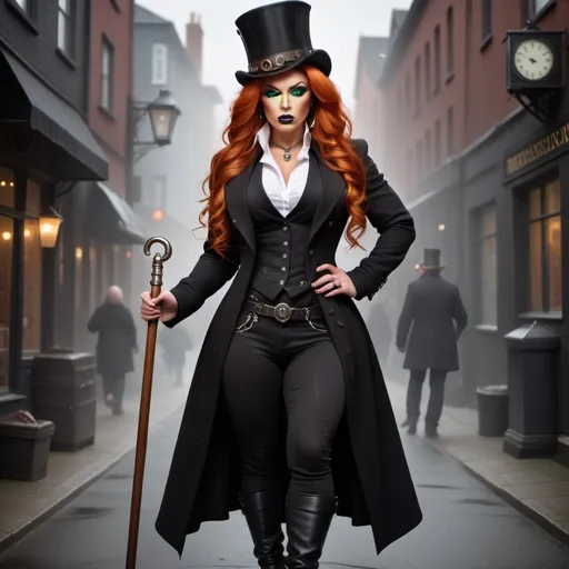 Prompt: A gorgeous ultra-muscular 25-year-old Icelandic drag queen bodybuilder with huge busom wearing a long black coat, with a black waistcoat and a white shirt, unbuttoned at the top . She's wearing a slightly crumpled top hat and has ridiculously long dark orange hair. She carries a walking cane with a red crystal, round handle. She has green eyes. In the style of gothic & steam punk. She is about 25 years old. wearing a heavy, black coat, black pants, and 8 inch high heel shoes. Composition focus on legs and full-body.