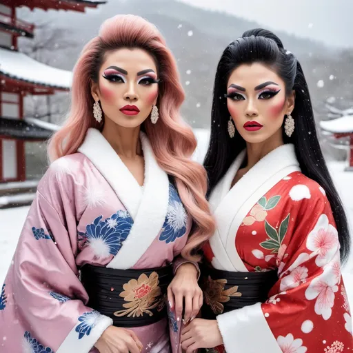 Prompt: fashion photoshoot of 2 gorgeous 25-year-old Eurasian drag queen bodybuilders, wearing a haute couture kimono dresses, on a snowy day in japanese countryside --ar 2:3