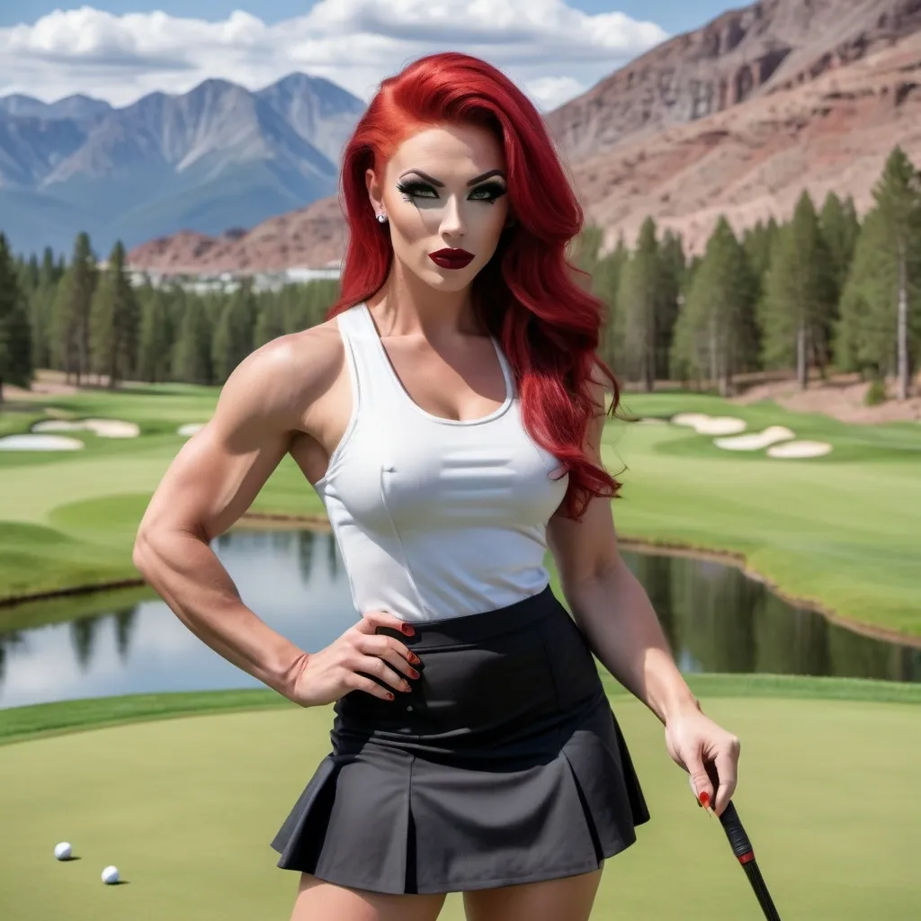 Prompt: a gorgeous ultra-muscular 25-year-old Finnish drag queen bodybuilder with large busom and bright red hair, wearing a golf skirt and cute tank top, 8 inch stiletto high 
heel shoes, smokey eye shadow  and dark red lipstick, holding a golf club and posing for a picture on the golf course with mountains in the background, Evelyn Abelson, superflat, professional, a stock photo