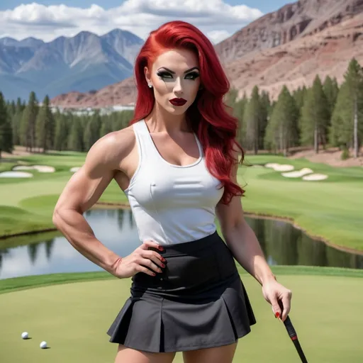 Prompt: a gorgeous ultra-muscular 25-year-old Finnish drag queen bodybuilder with large busom and bright red hair, wearing a golf skirt and cute tank top, 8 inch stiletto high 
heel shoes, smokey eye shadow  and dark red lipstick, holding a golf club and posing for a picture on the golf course with mountains in the background, Evelyn Abelson, superflat, professional, a stock photo