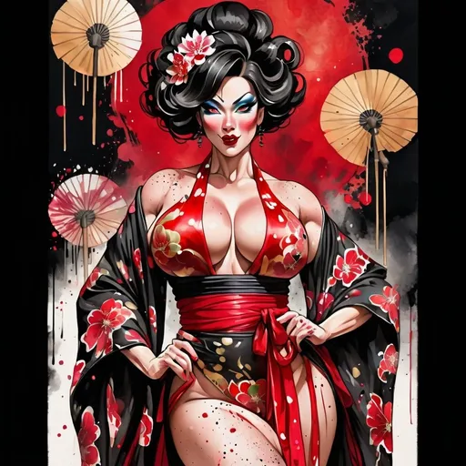 Prompt: digital watercolor painting, a gorgeous buxom busom drag queen bodybuilder wearing an intricate kimono, paint splatter, black and red, bold brush strokes, art nouveau