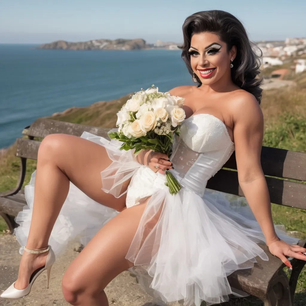 Prompt: Cute and glamorous 25-year-old Portuguese drag queen bodybuilder, very beautiful,
Photoshoot wearing mini wedding dress, garter belt, and stiletto high heels
Smiling expression
Outfit that emphasizes glamorous body
Big busom
Holding a small bouquet in one hand.
Photoshoot on a windy seaside hill.
Skirt and veil blowing in the wind
Sitting on a bench
Thighs visible
Wearing a garter belt
splash art, hyper detailed, ultra realistic, highly detailed, surreal heavy mist, AI defined exquisitely beautiful, totally ultra realistic young adult Korean, gorgeously detailed facial features, sumptuous cleavage, perfect body proportions, ultra pale, ultra glamorous, perfect shading, impeccable contrast, HDR, UHD, high res, 64k