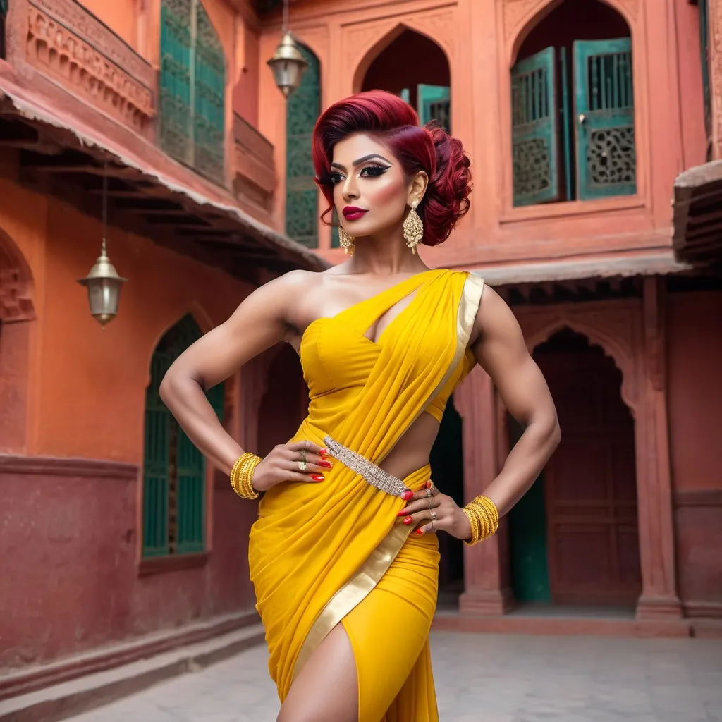 Prompt: Gorgeous ultra-muscular 25-year-old Pakistani drag queen bodybuilder with short dark red updo hairstyle wearing a Yellow saree with hot bose and 8 inch stiletto high heel shoes. Posing at The Walled City of Lahore.