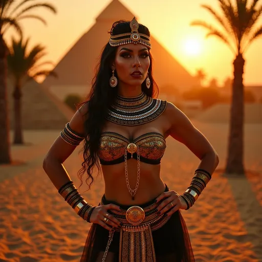 Prompt: Gorgeous ultra muscular drag queen Cleopatra, (regal and glamorous), depicted in luxurious ancient Egyptian attire adorned with gold and jewels, dark eye makeup and dark lipstick, striking a confident pose, surrounded by a lavish backdrop of pyramids and palm trees, warm sunset casting vibrant shadows, intricate accessories, mysterious ambiance, (ultra-detailed), evocative and majestic.