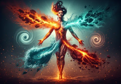 Prompt: A full-body surreal portrait of a luminous, muscular 35-year-old Japanese drag queen (with dark eyeshadow, dark red lipstick, long dark red manicured fingernails) looking at the camera emerging from pure elemental chaos. Her bioluminescent body is sculpted from the four primordial forces: molten fire flowing through her veins, cascading rivers of water wrapping around her form, swirling winds dancing like translucent ribbons, and cracked, glowing fragments of earth rising from her skin. Each element bursts outward in radiant chaos, dissolving into fractal patterns of sand, mist, sparks, and energy. Her hair streams like fire and storm clouds entwined, her arms radiate liquid light, her long, toned legs rooted in glowing earth yet dissolving into dust. The environment expands with insane, intricate details—whirlwinds, lava sparks, tidal waves, and crystalline shards—coalescing in high-depth, harmonious colors of turquoise, orange, crimson, and emerald. The scene glows with ethereal ambiance, ultra-detailed artistry, sharp contrast, and rendered as a breathtaking 8K masterpiece.