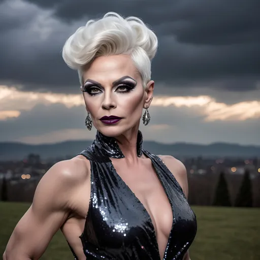 Prompt: Gorgeous muscular 45-year-old Czechian drag queen with short white tight updo hair, dark eyeshadow and dark lipstick, long flowing sequined gown, romantic outdoor setting, dramatic sky, An ultra-realistic photograph captured with a Sony α7 III camera, equipped with an 85mm lens at F 1.2 aperture setting,  The image, shot in high resolution and a 16:9 aspect ratio, captures the subject’s natural beauty and personality with stunning realism –ar 16:9 –v 5.2 –style raw