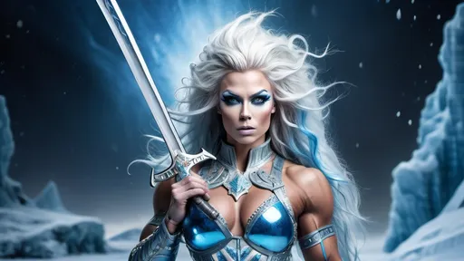 Prompt: Gorgeous ultra-muscular 25-year-old Finnish drag queen bodybuilder ice warrior, (dynamic pose), wielding a (majestic) large sword, vibrant ice hair flowing, adorned in frozen warrior armor, striking an (intense) expression, backgrounds of a fantastical landscape filled with blues, grays and whites  colors, (dramatic lighting) highlighting the colors, (high detail), (4K quality), exudes power and bravery, capturing a heroic spirit.