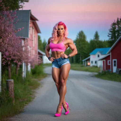 Prompt: Gorgeous ultra-muscular 25-year-old Finnish goddess bodybuilder with huge busom and short wavy pink hair wearing Daisy Dukes, a tube top, and eight inch stiletto high heel shoes and walking through rural town at dusk