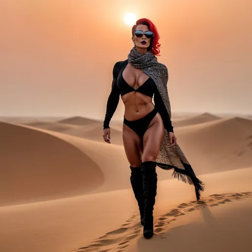 Prompt: The silhouette of a gorgeous muscular 35-year-old French drag queen bodybuilder with an Arab scarf and stiletto knee-high boots walks on a dune walks against the sunset , mist