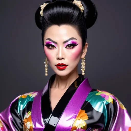 Prompt: The most beautiful muscular 35-year-old Japanese drag queen (with very strong masculine jawline and facial features) with stylish black shiny updo hair and large busom.  Wearing a sassy, cute, stylish, colorful kimono style dress and 8 inch platform stiletto high heel knee-high boots.  Dark eyeshadow,  dark lipstick,  heavy mascara. 