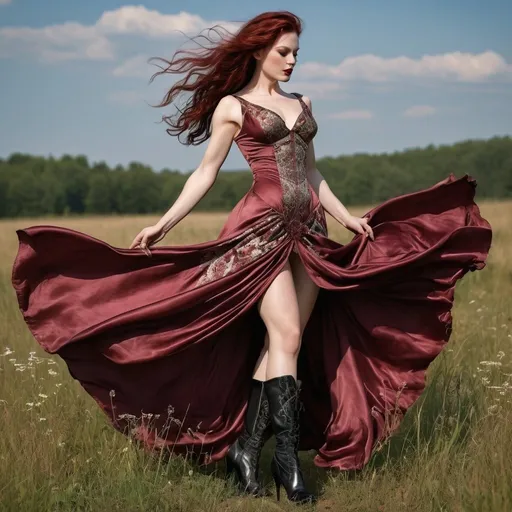 Prompt: full body realistic, beautiful satin silk dress, flowing in the wind, Victorian, medieval fantasy intricate patterns, 8 inch high heels, intricate boots glossy, detailed design, summer day, in a meadow, breeze in her dark red hair, high quality, detailed, Victorian style, intricate patterns, beautiful 30-year-old Finnish goddess bodybuilder, dark eye shadow, Dark red lipstick, flowing fabric, summer breeze, detailed design, elegant, atmospheric lighting. Composition focus on muscular physique. 