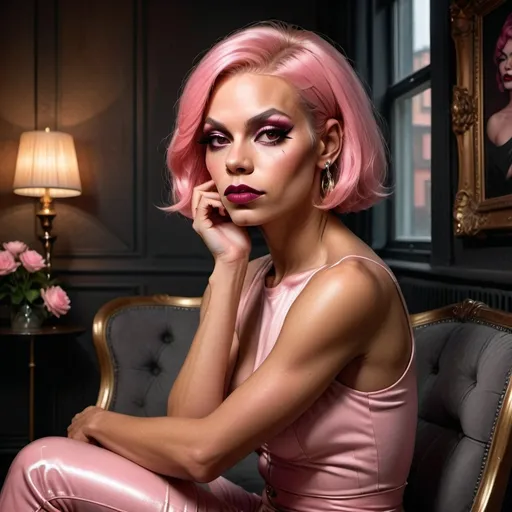 Prompt: photorealistic, (introspective) gorgeous Swedish drag queen with pink longbob seated in (thinker pose), dark eyeshadow abd dark red lipstick, muscular physique, soft natural lighting, warm tones, delicate shadows enhancing features, comfortable room ambiance, modern interior with minimalistic decor, inviting atmosphere, high resolution, ultra-detailed image, emphasizing deep thought and contemplation.