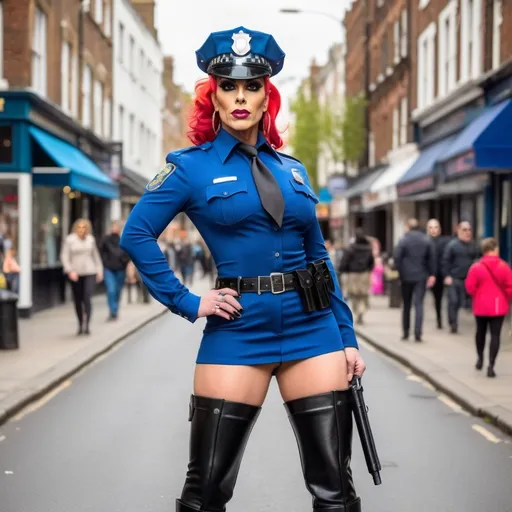 Prompt: Gorgeous muscular 35-year-old drag queen beauty with huge busom dressed as a police officer with 8 inch thigh-high stiletto boots ,walking down the high street, detailed clothing, realistic, natural lighting