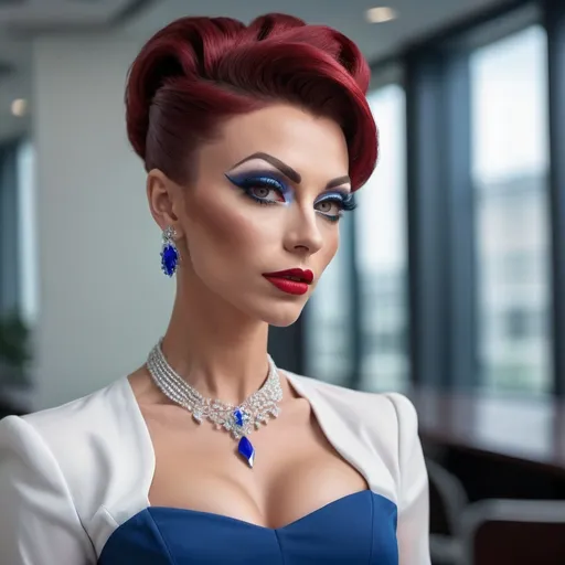 Prompt: 64k Hi-res digital hd detailed photograph of a Gorgeous, ultra-muscular, 25-year-old Ukrainian drag queen businesswoman, very well endowed, dark red updo hairstyle, wearing sophisticated blue business dress and white blouse, 8 inch stiletto high heel shoes, standing in a meeting room.