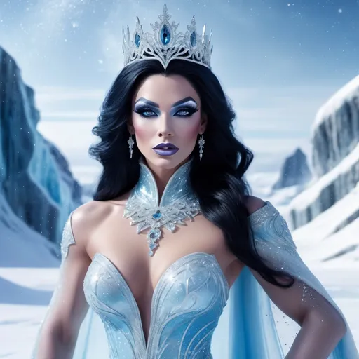 Prompt: Powerful, gorgeous, muscular, drag queen Princess with Black Hair and Blue Eyes, (ethereal presence), standing majestically amidst a sparkling Arctic landscape, flurries of soft snow swirling around her, icy blue and white tones, shimmering in soft, cool light, intense gaze exuding confidence, elegant royal attire adorned with a delicate silver pattern, crystalline ice formations in the background, (ultra-detailed), (high quality).