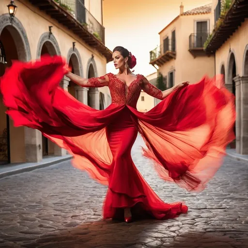 Prompt: (A close-up image)In the warmth of a twilight evening, a gorgeous muscular 35-year-old Spanish drag queen bodybuilder dancer (masculine jawline and brow facial features (hyper intricate facial detail)) dressed in a striking red flamenco gown whirls gracefully in a quaint courtyard setting. Her flowing dress swirls with every intense step and turn, capturing the essence of traditional Spanish dance. The rustic charm of the courtyard complements her fiery performance, with soft lighting casting golden hues that accentuate the dynamic movements of her dance. This compelling scene brings together the beauty of cultural expression and the timeless elegance of flamenco.
Hyper dynamic movement effect art
Splash art, hyper detailed, ultra realistic, highly detailed. Perfect studio lighting, perfect shading, impeccable contrast, HDR, UHD, high res, 64k
