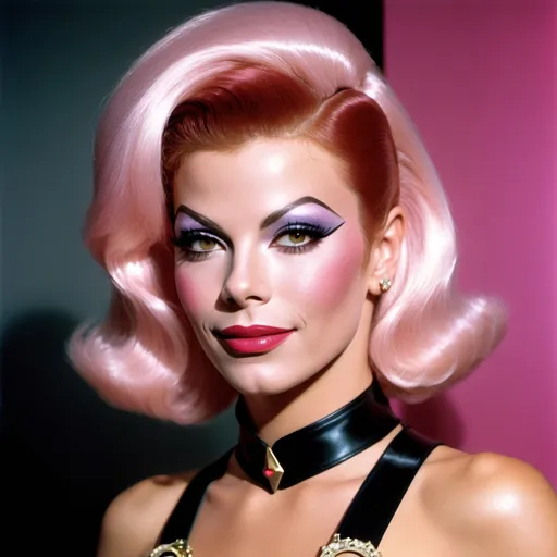 Prompt: Young William Shatner dressed up as a Gorgeous ultra-muscular 25-year-old Czechian drag queen, Star Trek Uniform, harness:1.4, full lips, short swept over pink hair, heavy mascara, dark eyeshadow, dark red lipstick, Bridge Command Center Background, instagram pose, smiling, raw photo, sharp focus on eyes, film grain, magazine cover, high quality, clothing details, fine fabric, full body, art student, (official art, extremely detailed CG unity 8k wallpaper), beautifully detailed eyes, detailed fine nose, detailed fingers, (8k), (best quality), ( masterpiece:1.2), (realistic), ( photorealistic:1.57), extremely detailed handsome gentlebeing, couture, magazine cover, textless, high quality, clothing details, fine fabric, full body, 8k, cinematic lighting (high detailed skin:1.1) ,Enhance,Golden Inspiration