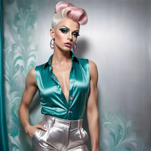 Prompt: oil painting of gorgeous muscular 25-year-old Czechian drag queen with a (platinum pink bun hairstyle), wearing an (elegant sleeveless Teal button-up blouse) and (off-white fancy pants), strikes a (modeling pose) near a perfectly designed silver aesthetic wall and multicolored curtain, Captured in a (low angle shot), showcasing her (detailed features). 