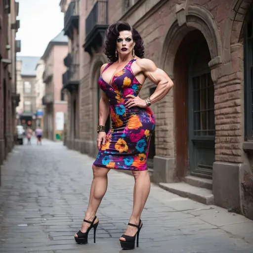 Prompt: A gorgeous muscular 35-year-old Hugarian drag queen bodybuilder with fair skin, huge busom, dark eye makeup,  dark lipstick, and short curly dark dark hair, wearing a vibrant floral summer dress and 8 inch high heel sandals, exploring the streets of a historic city, with old buildings in the background.