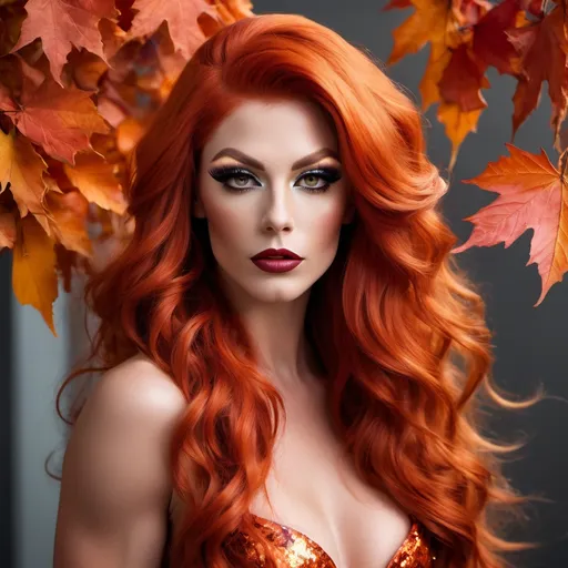 Prompt: Picture of a huge busomed Gorgeous 25-year-old Czechian bodybuilder drag queen with ridiculously long fiery red hair cascading down her shoulders in loose waves, reminiscent of the vibrant hues of autumn leaves. Her hair, like a blazing sunset, frames a face adorned with delicate features. High cheekbones, a pert nose, and full lips painted in a bold shade of red that matches the intensity of her hair.

Her eyes, a mesmerizing shade of emerald green, sparkle with mischief and curiosity, framed by thick lashes that flutter like the wings of a butterfly. She has an air of confidence about her, carrying herself with the effortless grace of a dancer on a dimly lit stage.

Dressed in the fashion of the 1980s, she wears a vintage-inspired ensemble that effortlessly blends bold patterns and vibrant colors. A cropped leather jacket adorned with studs and patches adds a touch of rebelliousness to her look, while a flowing skirt in a riot of floral prints sways with every step she takes.

Her accessories are eclectic and eye-catching, from oversized hoop earrings that glint in the neon lights of the city to a stack of bangle bracelets that jingle softly with her movements. On her feet, she wears a pair of 8 inch stiletto high heel shoes that give her an added boost of confidence as she struts down the bustling streets of the urban landscape.

There's an undeniable magnetism to her presence, a combination of beauty, charisma, and a hint of mystery that draws people in like moths to a flame. She embodies the spirit of the 1980s, a time of bold fashion choices, vibrant personalities, and an unapologetic zest for life.  you can see her  figure