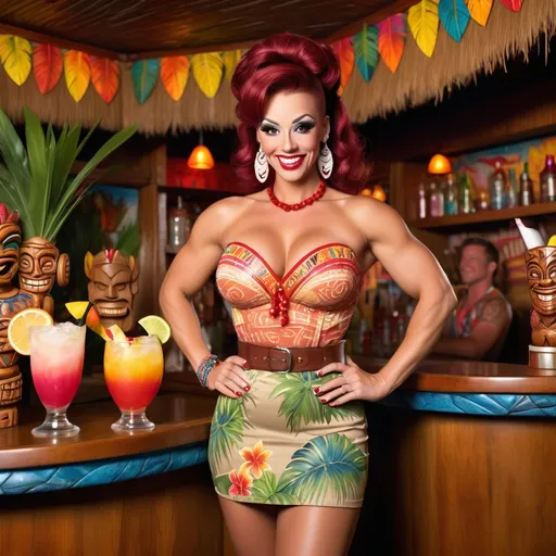 Prompt: Photorealistic (suntanned gorgeous ultra-muscular 25-year-old Polish drag queen bodybuilder cocktail waitress), (serving customers from a tray) of colorful drinks in a (crowded and bustling) (tropical tiki bar), sunny outdoor setting, finely carved wooden tikis, lively tiki decorations, creatively arranged tiki mugs, dressed in a tropical print blouse, khaki shorts, 8 inch stiletto high heel shoes, hair styled in an updo, dark red hair with sunlit glints, smiling, emphasize her (full curvaceous figure), bright and cheerful ambiance, (high-res, professional photo), inviting summer vibe, capture the tiki theme in abundant and intricate detail.