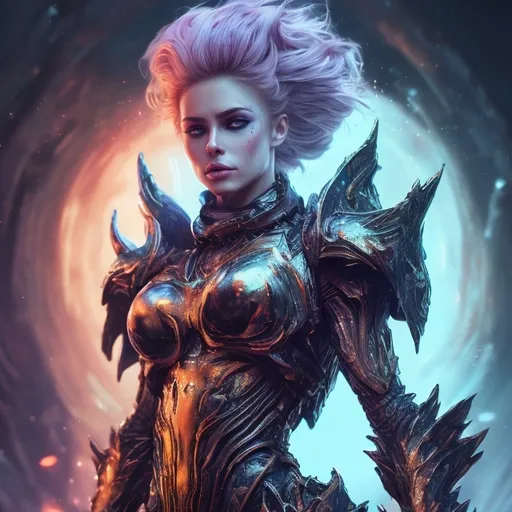 Prompt: splash art, hyper detailed, hyper realistic, highly detailed, dark, surreal heavy mist, floating at the edge of the world, With the Milkyway galaxy in the background,

Focused on a computer generated hologram of a beautiful, ultra realistic, ultra muscular, 25-year-old Norwegian drag queen, bodybuilder, Time Guardian Goddess, wearing Obsidean Armor,

Gorgeous, highly detailed facial features, long legs, vibrant sumptuous perfect body, ultra pale, visible midriff,

Wielding an electric sword

Perfect studio lighting, perfect shading. HDR, UHD, high res, 64k, cinematic lighting, special effects, hd octane render, professional photograph, trending on artstation, .