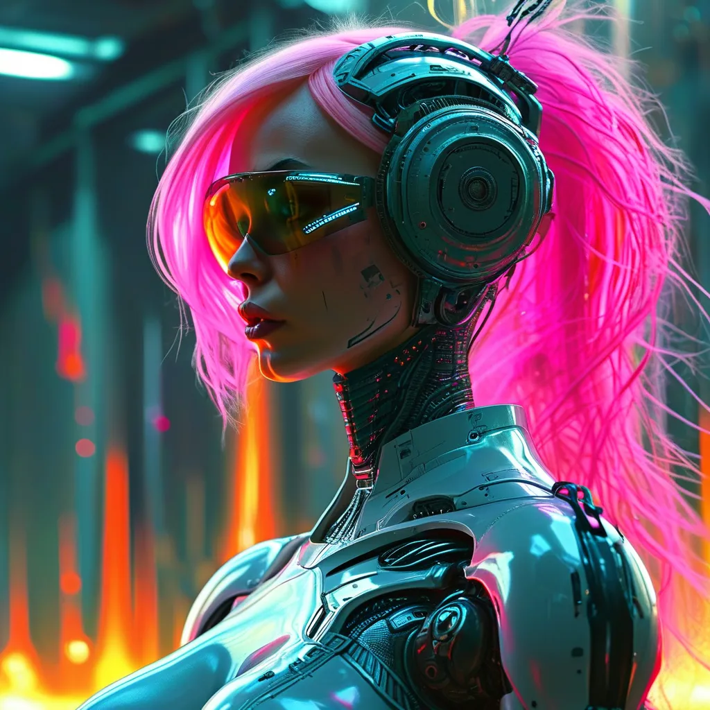 Prompt: Gorgeous ultra-muscular 25-year-old pink haired Finnish female goddess cyborg in battle against aliens. Science fiction futuristic background. 