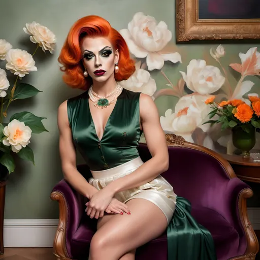 Prompt: oil painting of beautiful muscular 25-year-old Austrian drag queen (dark eyeshadow and dark red lipstick) wearing an (elegant sleeveless dark green blouse, pearl necklace), and (off-white fancy skirt,fancy dark orange hairstyle), sitting on armchair near a perfectly designed room with aesthetic wall and plum curtain, vase with flowers near the woman (close up shot) , good composition 