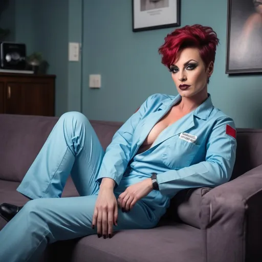 Prompt: (realism style photo), gorgeous muscular 35-year-old French drag queen surgeon with huge busom, dark eye makeup, and dark lipstick, (cool color scheme), messy pixie cut red hair, reclining on couch, wearing light blue scrubs , glaring at overhead intercom paging her back to work, personnel lounge ambiance, soft lighting, relaxed atmosphere, high detail, ultra-detailed, modern setting, refreshingly casual, (inviting and cozy) environment.