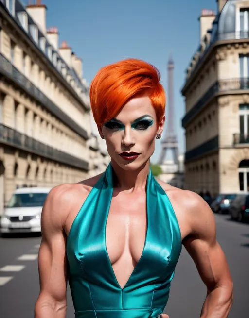 Prompt: Location: Paris
Hair color: bright orange
Hair length:  short pixie
A high definition hyper-detail live action digital photograph of a gorgeous masculine 35-year-old, athletic, genderfluid Parisan drag queen bodybuilder. Masculine jawline, chin and brow. Feminine muscular body and legs. Dark eye makeup and dark lipstick. Wearing a cute stylish teal cocktail dress, black nylon stockings, and 8 inch stiletto high heel shoes.