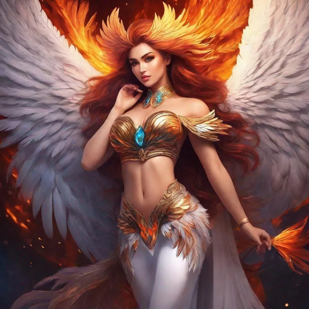 Prompt:  a flaming phoenix is perched on a 25 year old goddess's shoulder. The 25 year old goddess has clothes made of feathers and looks like a phoenix as a 25 year old goddess. Full length. Muscular. Huge busom.