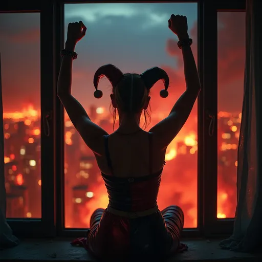 Prompt: Drag queen Harley Quinn perched on a window, hands in the air in triumph, gazing into a fiery cityscape, flames illuminated against a dark sky, dramatic tones, vivid reds and oranges, smoke swirling in the air, high detail, moody atmosphere, urban environment, nighttime, powerful contrast, cinematic lighting, ultra-detailed, surreal and intense emotional vibe.