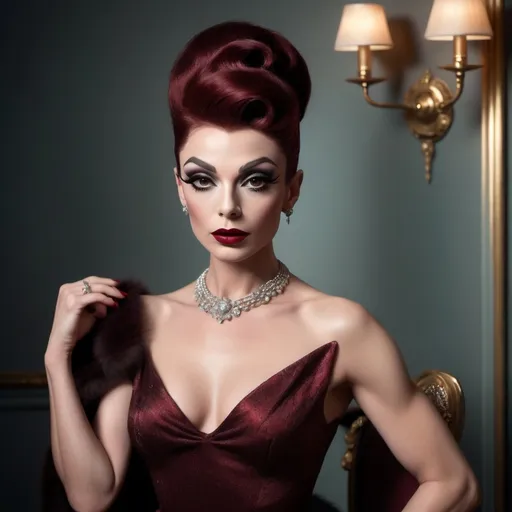 Prompt: photorealistic, (old Hollywood style), (sophisticated gorgeous ultra-muscular 25-year-old French drag queen goddess), elegant attire reminiscent of Audrey Hepburn, full length body, dark red hair styled in vintage glamour, dark smoky eyeshadow and dark red lipstick,  soft lighting capturing a nostalgic atmosphere, muted pastel colors, timeless beauty, luxurious and refined setting, classic film vibe, vintage glamour, HD, ultra-detailed,