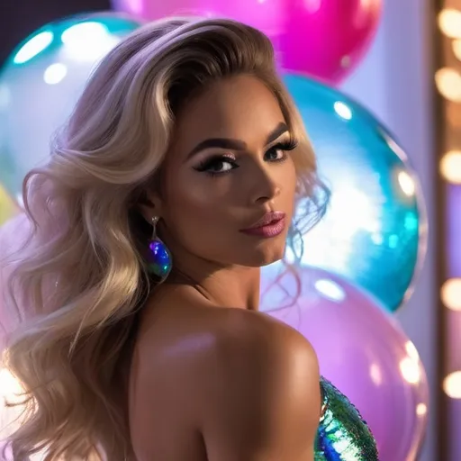 Prompt: Gorgeous ultra-muscular 25-year-old Swedish drag queen bodybuilder in her pomp (rear view), (near-up), (elegant sensitivity), long wavy hair, soft warm lighting, glistening skin, floating iridescent big bubbles, comfy and inviting mood, delicate pose revealing grace, rich textural details, (high-definition), reverie, nostalgic mood.