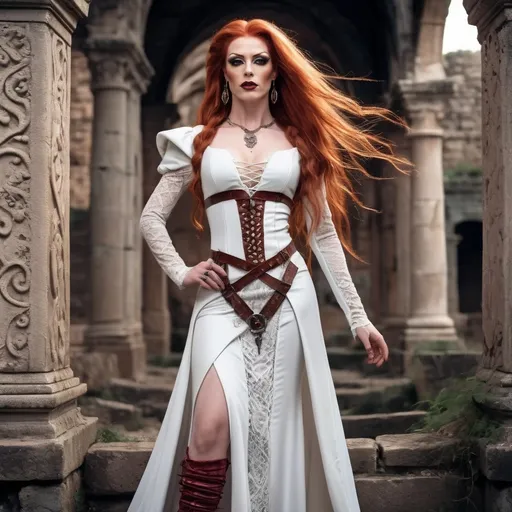 Prompt: realistc, Full body, (Hot red-headed drag queen mistress), long braided red hair, gorgeous strong face (strong masculine jawline and brow features), long white leather medieval fantasy dress, with straps and lace, stunning high heels, dominant stance, looking over shoulder, set between ancient ruins, magical spells shoot  the air