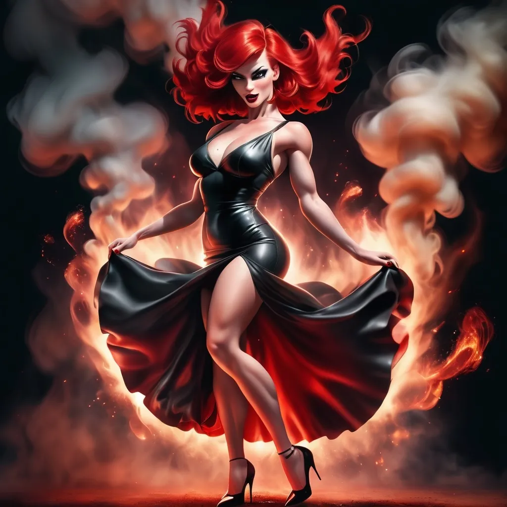 Prompt: A gorgeous ultra-muscular 25-year-old Czechian female goddess bodybuilder in a short dress, bright red hair and 8 inch stiletto high heel shoes, is spinning around surrounded by swirling smoke , fire background, dark eye shadow, dark red lipstick, full body portrait, high contrast sharp focus,  detailed, photorealistic,  studio volumétrique light, fog.