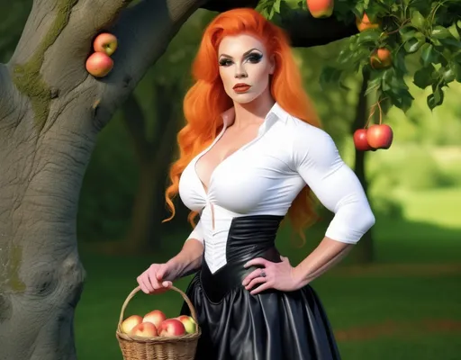 Prompt: 4k image, A serene image featuring a gorgeous ultra-muscular 25-year-old medeival drag queen bodybuilder with orange hair standing by a tree in a medeival attire, consisting of a white blouse, green shawl, and black skirt, holding a wicker basket with apples inside, set against lush greenery with a soft, dreamy quality.  we see a medeival village in the background and sunrise in the far back, Michelangelo's style, Digital Image