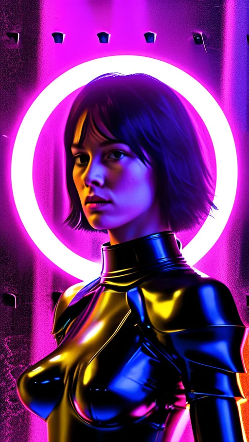 Prompt: a woman in a costume with a sword in her hand and a circle behind her, with a neon light, Eve Ryder, cobra, purple, cyberpunk art