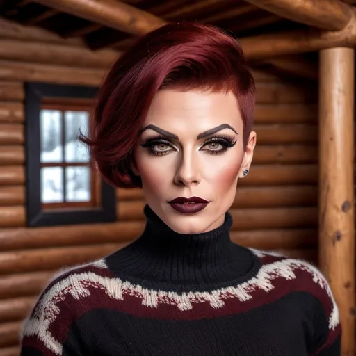 Prompt: Extremely beautiful, muscular 35-year-old Russian drag queen, detailed very short stylish dark red hair, flawless skin, dark eye makeup, dark lipstick, detailed eyes, natural beauty, very strong masculine jawline, form-fitting seasonal sweater, cozy modern log cabin interior background, winter season, realistic professional photography, high quality, detailed, realistic, cozy, ginger, long hair, flawless skin, candid moment, modern log cabin, seasonal sweater, detailed eyes, natural beauty, professional photography, winter season, cozy lighting