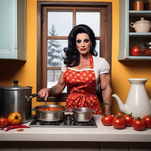 Prompt:  A warm kitchen with a cheerful gorgeous muscular 35-year-old italian drag queen bodybuilder with dark hair, dark eye makeup, dark lipstick, and  large busom, wearing a bright apron over a casual blouse and pants, stirring a big pot of tomato sauce on the stove. She sits nearby on a stool with big, curious eyes. A window shows the snowy village outside, and the kitchen shelves are full of spices and garlic.
