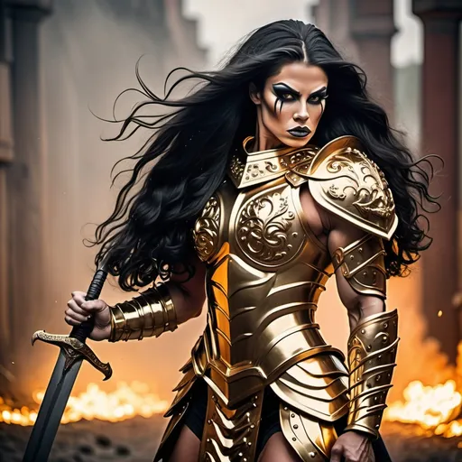 Prompt: Gorgeous muscular 25-year-old Swedish drag queen bodybuilder with ridiculously long wavy black hair, dressed as a warrior princess in complete shimmering golden steel armor and a gleeming golden longsword in the midst of a bloody and fiery battle.