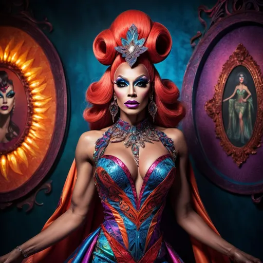 Prompt: The most beautiful caucasian drag queen bodybuilder on Planet of the Damned wearing the traditional Planet of the Damed dress.