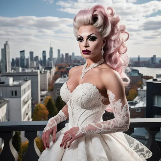 Prompt: Gorgeous ultra-muscular 25-year-old Finnish drag queen bodybuilder with ridiculously long wavy platinum pink updo hairstyle wearing an elegant white wedding dress, standing on the balcony of her luxurious mansion overlooking the city skyline. She has dark eye makeup and dark red lipstick. The gown features delicate lace detailing along its bodice and halter neckline, complemented by sheer sleeves that accentuate her figure's curves. Her pose is confident yet graceful as she gazes out at the horizon, embodying grace and elegance in timeless beauty in the style of a classic painting