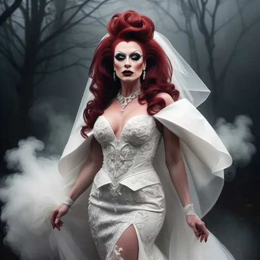 Prompt: full body shot, splash art, hyper detailed, ultra realistic, highly detailed, surreal heavy mist, AI defined exquisitely beautiful, totally ultra realistic muscular 35-year-old Polish drag queen with lusciousdark red hair, masculine jawline and brow, ultra glamorous bride, dark eyeshadow, 
Dark red lipstick, walking in a swirling fog, micro dress, on the grass, 

perfect shading, impeccable contrast, HDR, UHD, high res, 64k, cinematic lighting, special effects, hd octaneArtgerm, WLOP, dynamic studio quality lighting hyper-detailed, intricately detailed, Splash art, trending on Artstation, triadic colors, Unreal Engine 5 volumetric lighting, unreal engine, octane render.