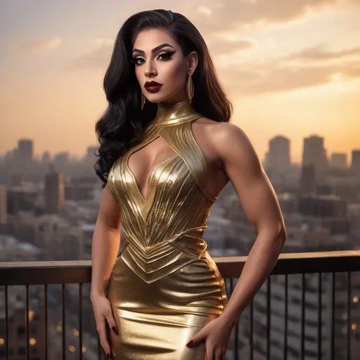 Prompt: a gorgeous muscular 21-year-old Egyptian drag queen (strong masculine jawline and brow facial features) bodybuilder in a gold dress (dark black hair, dark eyeshadow, 
dark red matte lipstick, big busom) standing on a balcony with a view of a city at sunset in the background, Artgerm, photorealism, highly detailed digital painting, a photorealistic painting