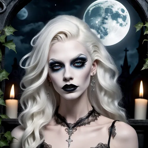 Prompt: In a moonlit cemetery, amidst weathered tombstones draped in ivy, stands a striking figure—a gorgeous ultra-muscular 25-year-old drag queen gothic goddess with platinum blonde hair cascading like liquid mercury against the darkness. Her porcelain skin, seems to glow ethereally under the moon's gentle caress. Adorned in lace and leather, 8 inch stiletto high heel shoes, her attire exudes an aura of mystery and allure.

High quality, highres, perfect, beautiful