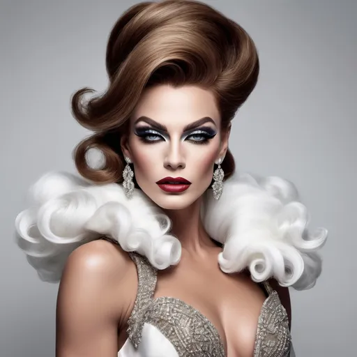 Prompt: A mesmerizing portrait graces the cover of an elite fashion magazine, capturing the essence of high-end sophistication. Set against a Cloud-white backdrop, the gorgeous, muscular, French drag queen (slight masculine jawline and brow features), model exudes confidence and allure, Large busom, adorned in exquisite fashion garments that epitomize elegance and class. This breathtaking image transcends traditional notions of style, embodying an innovative vision of haute couture that pushes the boundaries of modern aesthetics.